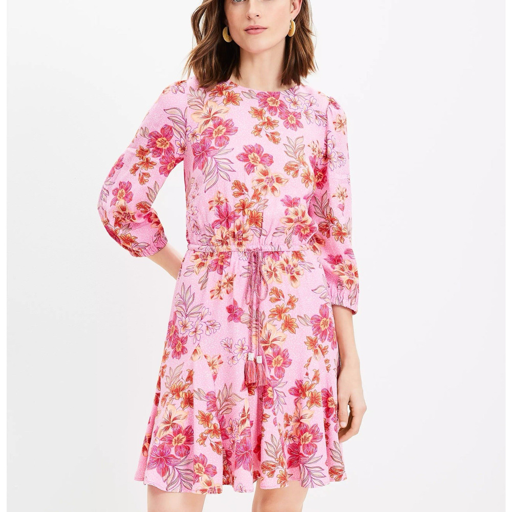 Loft Lily Godet Puff Sleeve Mini Dress Sz XS Pink Floral 3/4 Sleeves Tassel Tie